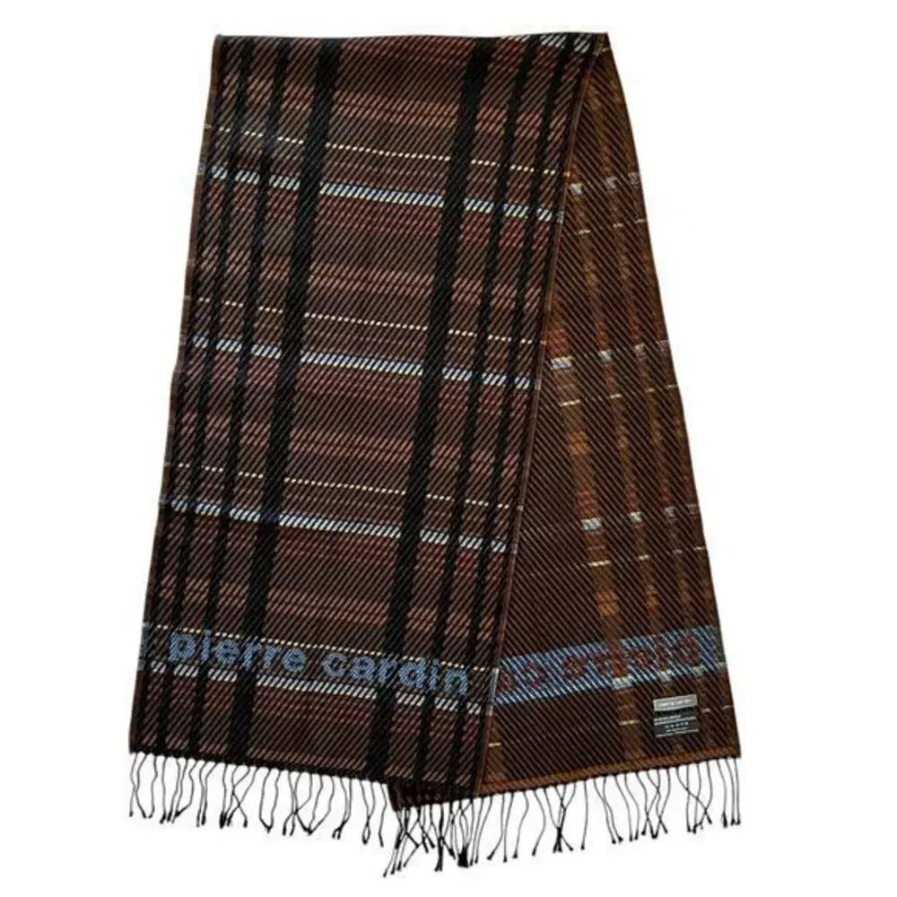 Pierre Cardin Vintage Jacquard Logo Brown Plaid Wool-Blend Fringe Muffler Scarf